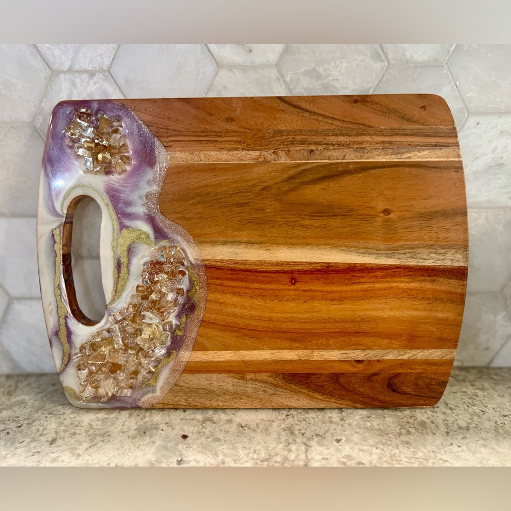 Wooden Cutting Board with Purple and Gold Accents